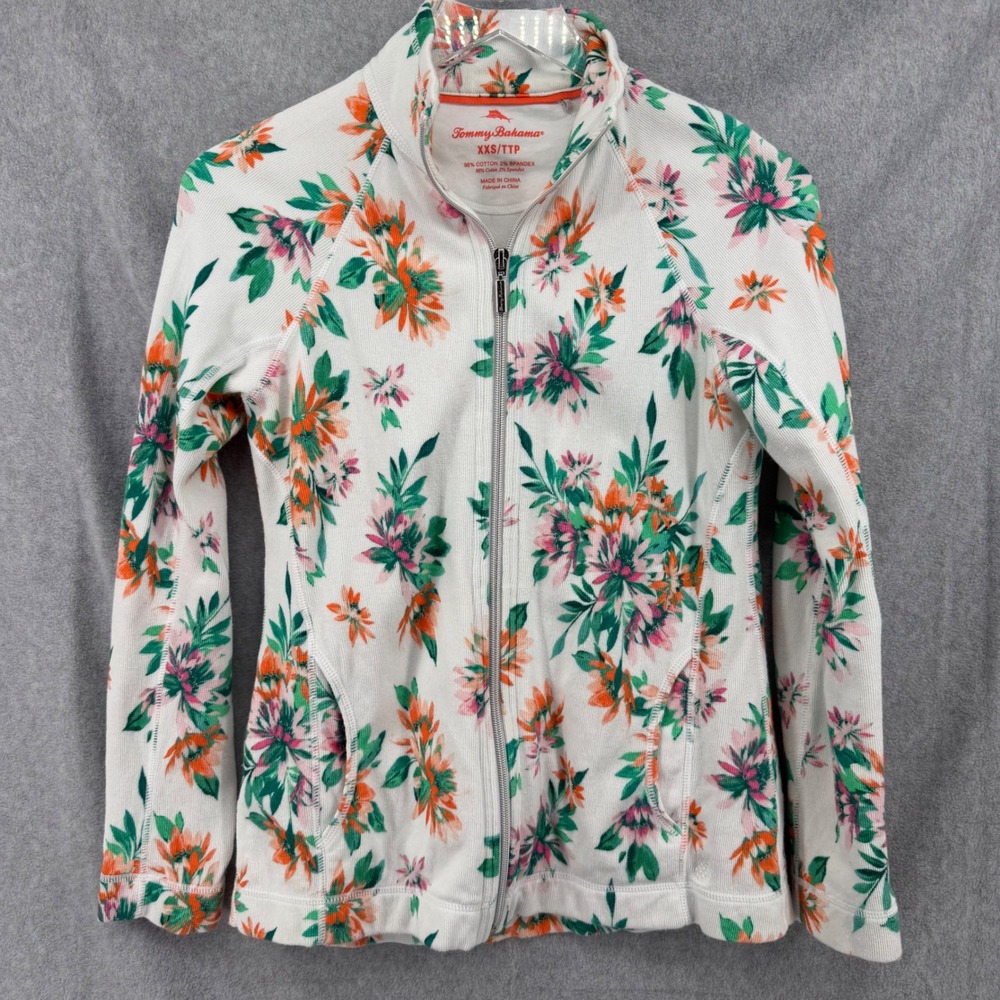 Tommy Bahama Floral Ribbed Full Zip Jacket White Orange Pink Green XXS SW221638 - Picture 10 of 12